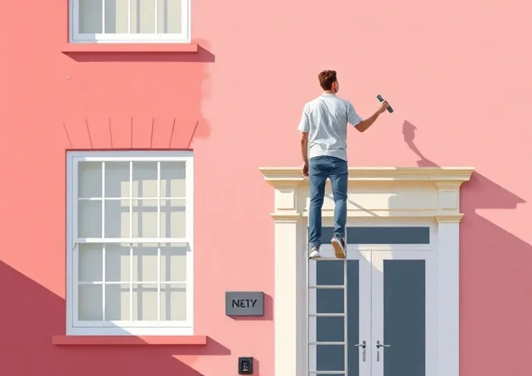 Peintre sur échafaudage traitant la façade d'une maison