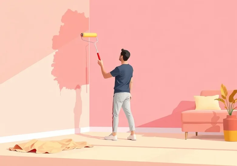 Peintre appliquant la peinture au rouleau sur un mur de salon